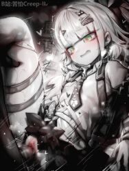1boy 1girl bilibili_username blur_censor censored chinatsu_remiel chinese_commentary commentary_request condom condom_on_penis fang female_ejaculation green_eyes greyscale hair_ornament hairclip hetero highres kupa_(jesterwii) loli long_hair monochrome motion_lines necktie open_mouth paid_reward_available penis pussy sex shirt solo_focus vaginal variant_set x_hair_ornament zenless_zone_zero