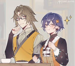 1boy 1girl artist_name belle_(delicate_sunlight)_(zenless_zone_zero) belle_(zenless_zone_zero) blue_hair brown_hair ccxvi_201116 chinese_clothes chopsticks closed_eyes closed_mouth commentary crossed_bangs english_commentary glasses hair_between_eyes holding holding_chopsticks smile twitter_username ye_shiyuan zenless_zone_zero
