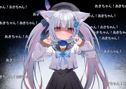 Rule 34 | 1girl, absurdres, animal ear fluff, animal ears, black hat, black sailor collar, black skirt, blue bow, blue bowtie, blush, bow, bowtie, bug, butterfly, cat ears, cat girl, commentary request, cord pull, cowboy shot, crime prevention buzzer, crime prevention buzzer threat, fortissimo, hair ornament, hat, high-waist skirt, highres, indie virtual youtuber, insect, katagiri aki, long sleeves, looking at viewer, musical note, musical note hair ornament, nail polish, parody, pose imitation, purple eyes, purple nails, sailor collar, school uniform, shaded face, shirt, shukusei!! loli-kami requiem, skirt, solo, standing, straight-on, translated, virtual youtuber, white shirt, yozakura souki