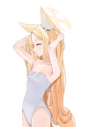 1girl absurdres alternate_costume animal_ear_fluff animal_ears arms_behind_head blonde_hair blue_archive closed_mouth flower fox_ears fox_girl fox_tail from_side hair_flower hair_ornament hand_in_own_hair highres hong_su0 leotard looking_ahead pink_eyes seia_(blue_archive) smile solo strapless strapless_leotard tail white_flower white_leotard