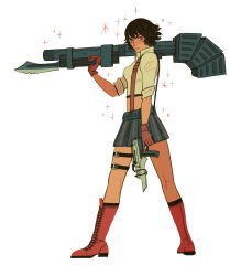 Rule 34 | 1girl, black hair, boots, brown gloves, commentary, devil may cry, devil may cry (series), devil may cry 3, english commentary, gloves, green eyes, gun, heterochromia, highres, holding, holding gun, holding rocket launcher, holding weapon, kalina ann (weapon), lady (devil may cry), midriff, red eyes, rocket launcher, sarakipin, shirt, simple background, skirt, thigh strap, weapon, white background, white shirt