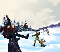 3boys 3girls albert_(dragoon) angry animal artist_request ass bandana bird black_hair blonde_hair boots branch breasts carrot carrying casual coat dart_feld earmuffs english_text everyone fighting fingerless_gloves friends gloves hard-translated hat jacket jumping kneeling landscape lloyd long_hair male_focus miranda_(dragoon) mountain multiple_boys multiple_girls open_mouth outdoors pants penguin ponytail princess_carry rose_(dragoon) scarf shana_(dragoon) silver_hair snow snowball snowball_fight snowcoat snowman source_request spoilers teeth the_legend_of_dragoon third-party_edit tongue translated tree trench_coat veins wingly winter