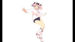 1girl absurdres bare_legs black_bow blue_buruma blue_eyes bow breasts buruma cross-shaped_pupils emblem hair_bow hibari_(senran_kagura) highres jacket large_breasts light_blush medium_hair midriff_peek non-web_source official_art open_mouth outstretched_arms pillarboxed pink_hair senran_kagura senran_kagura_burst shoes short_twintails smile socks solo symbol-shaped_pupils track_jacket twintails white_background white_jacket white_shoes white_socks yaegashi_nan