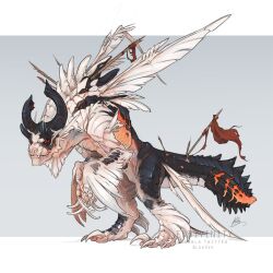 alternate_form animal_focus artist_name black_horns claws commentary deathclaw endivinity english_commentary extra_eyes fallout fangs fangs_out flag full_body grey_background highres horns insect_wings letterboxed long_claws looking_at_viewer monster multiple_wings mutation no_humans original outside_border red_eyes signature simple_background slit_pupils solo tail watermark wings
