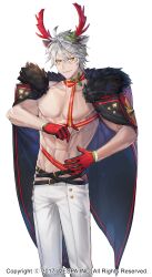 1boy abs ahoge animal_ear_hairband animal_ears belt black_belt black_coat christmas coat commentary cowboy_shot fake_animal_ears fake_antlers fur-trimmed_coat fur_trim gloves grey_hair hairband highres holly hwansang_jungdog king&#039;s_raid looking_at_viewer male_focus mitra_(king&#039;s_raid) multiple_belts muscular muscular_male official_alternate_costume official_art orange_eyes pants pectorals red_coat red_gloves red_ribbon ribbon short_hair simple_background smile solo two-sided_coat two-sided_fabric white_background white_pants