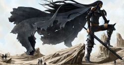 Rule 34 | 1girl, 6+boys, armor, boots, cape, fantasy, giant, giantess, high heels, multiple boys, naknak, pixiv fantasia, pixiv fantasia 4, shoes, skirt, sword, weapon