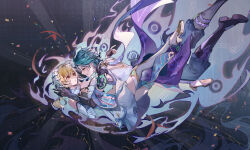 Rule 34 | 1boy, 1girl, absurdres, bare shoulders, bead necklace, beads, black boots, black gloves, blonde hair, blood, blood from mouth, blue pants, boots, chinese commentary, commentary request, detached sleeves, dress, eye contact, eyeliner, facial mark, falling, flower, forehead mark, from side, full body, genshin impact, gloves, green hair, hair between eyes, hair flower, hair ornament, halter dress, halterneck, hand up, high heel boots, high heels, highres, jewelry, knee boots, long sleeves, looking at another, lumine (genshin impact), makeup, necklace, pants, parted bangs, parted lips, purple sash, red eyeliner, sash, scarf, shirt, short hair, shoulder spikes, sleeveless, sleeveless shirt, spikes, sq (su qing), tassel, thigh boots, white boots, white dress, white flower, white scarf, white shirt, xiao (genshin impact), yellow eyes