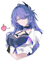 1girl acheron_(honkai:_star_rail) arrow_(symbol) black_choker breasts choker cleavage criss-cross_halter cropped_jacket earrings food fruit halterneck highres honkai:_star_rail honkai_(series) jacket jewelry long_hair looking_at_viewer midriff peach purple_eyes purple_hair solo sparks_summer swept_bangs upper_body white_background white_jacket