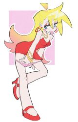 Rule 34 | 1girl, blonde hair, blush stickers, bracelet, breasts, commentary, dress, english commentary, full body, harley3up, high heels, highres, jewelry, long hair, looking at viewer, necklace, panties, panty &amp; stocking with garterbelt, panty (psg), panty pull, pink panties, red dress, red shoes, shoes, small breasts, solo, spaghetti strap, tongue, tongue out, underwear