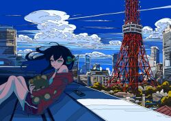1girl aqua_eyes aqua_shirt artdroiiid_ii black_hair blue_shorts blue_sky building cardigan cellphone cigarette city cityscape closed_mouth cloud cloudy_sky colored_inner_hair commentary contrail day english_commentary feet_out_of_frame floating_hair headphones highres knees_up long_hair multicolored_hair off_shoulder open_cardigan open_clothes original outdoors phone purple_hair radio_tower red_cardigan rooftop scenery shade shadow shirt shorts sitting sky skyscraper sleeveless sleeveless_shirt smartphone smile solo split_mouth sunlight tree wide_shot