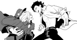 2boys angry arms_at_sides black_hair black_pants cape collared_shirt edmond_dantes_(fate) evil_grin evil_smile fedora fighting fighting_stance fingernails formal_clothes grin hair_slicked_back hat long_hair looking_at_another melty_blood melty_blood:_type_lumina metarogu michael_roa_valdamjong multiple_boys open_clothes open_hand open_shirt pants pectorals sharp_fingernails shirt smile tsukihime tsukihime_(remake)