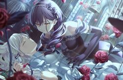 2girls bare_shoulders birdcage black_dress black_flower black_gloves black_hairband black_rose blue_bow blue_dress bow braid breasts cage ceras_yanagida_lilienfeld closed_eyes closed_mouth colored_eyelashes dress dutch_angle edel_note elbow_gloves flower flower_hairband frilled_dress frills game_cg gloves grey_hair hair_between_eyes hair_bow hair_over_shoulder hairband hand_on_another&#039;s_stomach highres indoors izayoi_selene katsuragi_izumi link!_like!_love_live! long_hair looking_at_another love_live! lying medium_breasts multiple_girls non-web_source off-shoulder_dress off_shoulder official_art on_back on_floor orange_eyes parted_lips red_flower red_rose rose short_sleeves side_braid single_drill sleeping slit_pupils virtual_youtuber window