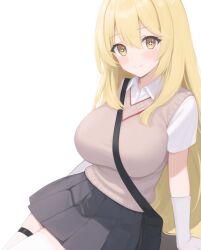 1girl blonde_hair blue_archive breasts brown_sweater_vest closed_mouth collared_shirt elbow_gloves gloves grey_skirt hair_between_eyes huge_breasts long_hair looking_at_viewer miniskirt pleated_skirt sa_(nax49) school_uniform shirt shokuhou_misaki short_sleeves skirt smile solo sparkling_eyes summer_uniform sweater_vest thigh_strap toaru_kagaku_no_railgun toaru_majutsu_no_index tokiwadai_school_uniform v-neck white_background white_gloves white_shirt yellow_eyes