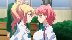1boy 3girls animated anime_screenshot asymmetrical_docking audible_speech blonde_hair breast_contest breast_press breasts brown_eyes cleavage dark-skinned_female dark_skin earrings english_audio facial_mark fujinoki_nene green_eyes gun gyaru hajimete_no_gal hashiba_junichi high_ponytail holding holding_gun holding_sword holding_weapon honjou_ranko hoop_earrings huge_breasts idiot jewelry large_breasts leaning_tower_of_pisa looking_at_another multiple_girls outdoors pervert pink_hair ponytail purple_eyes school_uniform short_hair shortstack soldier sound sword symmetrical_docking twintails video war weapon yame_yukana yuri