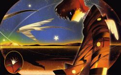 1boy 1other abstract angel_wings bird_wings black_border blue_eyes body_markings border creature faux_retro_artstyle film_grain flower from_side high_collar highres inset_border male_focus mountain night night_sky original other_focus patterned_clothing red_hair round_border shaded_face sky solo star_(symbol) surreal umisida upper_body wings