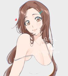 1girl bare_shoulders bleach brown_eyes brown_hair collarbone female_focus hair_ornament hairclip highres inoue_orihime light_blush long_hair looking_at_viewer simple_background smile upper_body viii_00908 watermark