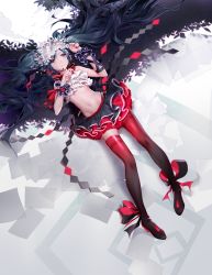 1girl female_focus full_body hair_spread_out hatsune_miku hatsune_miku_(bless_you) head_wreath headset highres long_hair matching_hair/eyes midriff navel nisoku_hokou_(vocaloid) red_thighhighs skirt solo thighhighs twintails vocaloid yyb