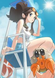 1girl alternate_costume asamaru1225 blue_eyes blue_shorts blue_sky breasts brown_hair cloud day dwebble eyewear_on_head front-tie_top gen_5_pokemon highres hilda_(pokemon) holding holding_pokemon lifebuoy long_hair medium_breasts nintendo outdoors parted_lips pokemon pokemon_(creature) pokemon_bw ponytail pov pov_hands shirt shorts sidelocks sitting sky sleeveless sleeveless_shirt solo_focus swim_ring white_shirt