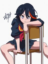 1girl blue_serafuku blue_skirt chair highres kill_la_kill matoi_ryuuko midriff_peek multiple_boys pleated_skirt purple_eyes school_uniform serafuku sitting sitting_backwards skirt solo wolkat