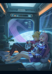 2girls absurdres ahoge black_pants blonde_hair double_bun dress guitar hair_bun hanagamigendai highres instrument jacket long_hair multiple_girls open_mouth original pants pink_hair planet planetary_ring sitting space space_station very_long_hair