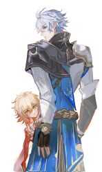 2boys aged_down antenna_hair armor bandaged_hand bandages black_gloves black_shirt blonde_hair blue_cape blue_eyes braid cape chinese_commentary coat commentary_request fingerless_gloves from_behind gloves gradient_hair hair_between_eyes highres honkai:_star_rail honkai_(series) hug looking_at_viewer looking_back male_focus medium_hair multicolored_hair multiple_boys mydei_(honkai:_star_rail) pauldrons phainon_(honkai:_star_rail) qiaose33912 red_hair shirt short_hair shoulder_armor side_braid side_cape simple_background single_pauldron white_background white_coat white_hair yellow_eyes
