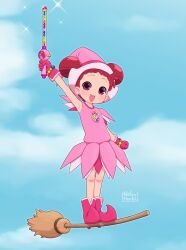1girl :d arm_at_side arm_up armpits artist_name bead_bracelet beads blue_sky boots bracelet broom broom_surfing child clenched_hand commentary double_bun dress earrings english_commentary full_body gloves hair_bun happy harukaze_doremi hat highres holding holding_wand jewelry looking_at_viewer magical_girl mixed-language_commentary ojamajo_doremi open_mouth pink_boots pink_dress pink_eyes pink_gloves pink_hat pinkbunnyjuice pointy_footwear raised_eyebrows red_hair short_hair short_sleeves sky smile solo sparkle standing wand witch_hat
