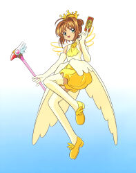 1990s_(style) 1girl :d absurdres antenna_hair ascot between_fingers blue_background brooch brown_hair bubble_skirt card card_between_fingers cardcaptor_sakura clow_card crown elbow_gloves fujita_mariko full_body fuuin_no_tsue gloves gold_crown gradient_background green_eyes hair_intakes highres holding holding_wand jewelry kinomoto_sakura kinomoto_sakura_(miraculous_sakura) looking_at_viewer official_art open_mouth pointed_crown retro_artstyle scan shirt shoes short_hair simple_background skirt sleeveless sleeveless_shirt smile solo thighhighs wand white_background white_gloves white_shirt white_thighhighs wing_brooch yellow_ascot yellow_shoes yellow_skirt