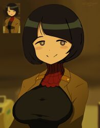 Rule 34 | 1girl, absurdres, artist name, black hair, blurry, blurry background, blush stickers, breasts, brown background, brown jacket, closed mouth, commentary, gundam, gundam gquuuuuux, highres, jacket, large breasts, looking at viewer, reference inset, shiiko sugai, short hair, smile, solo, split mouth, stormowl0, turtleneck, twitter username, upper body