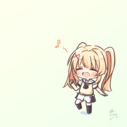 1girl :d ^_^ ascot black_ascot black_socks blonde_hair blush chibi chibi_only clenched_hand closed_eyes full_body green_background hair_between_eyes hair_intakes hair_ornament hand_up happy hashtag-only_commentary kneehighs long_hair miniskirt musical_note open_mouth sailor_collar school_uniform serafuku short_sleeves sidelocks simple_background skirt smile socks solo standing standing_on_one_leg summer_pockets summer_pockets_school_uniform sweater_vest tsumugi_wenders twintails utuigawa white_sailor_collar white_serafuku white_skirt x_hair_ornament yellow_sweater_vest