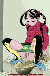 00s 1girl 2006 arm_support backpack bag black_hair black_thighhighs blue_shoes blush brown_skirt closed_eyes dated green_panties hair_bobbles hair_ornament hayashibara_hikari loli long_hair long_sleeves name_tag original panties panty_pull peeing pink_sweater pussy shoes skirt spread_legs squat_toilet squatting sweater thighhighs turtleneck turtleneck_sweater twintails uncensored underwear yellow_thighhighs you&#039;re_doing_it_wrong