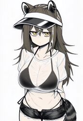 1girl alternate_costume animal_ear_piercing animal_ears arknights arms_behind_back bags_under_eyes bikini black_bikini black_hair black_shorts black_tail breasts brown_hair cleavage closed_mouth collarbone commentary cowboy_shot crop_top freckles hair_between_eyes highres large_breasts long_hair looking_at_viewer makigirisu micro_shorts midriff multicolored_hair navel open_fly robin_(arknights) see-through_clothes see-through_shirt shirt short_sleeves shorts side-tie_bikini_bottom simple_background solo standing staring streaked_hair swimsuit t-shirt tail tied_shirt visor_cap white_background white_hair white_shirt yellow_eyes