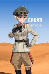 absurdres belt binoculars blonde_hair brown_belt brown_eyes buttons closed_mouth cosplay desert double-breasted epaulettes erwin_(girls_und_panzer) erwin_rommel erwin_rommel_(cosplay) girls_und_panzer happy_birthday hat highres holster military_uniform peaked_cap pharaohetcaesar signature sweat