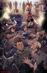 Rule 34 | 2boys, 3girls, bandages, battle, beret, bike shorts, blood, brown hair, bullpup, choker, chris redfield, claire redfield, dog, earrings, facial hair, fingerless gloves, firing, gloves, gun, handgun, hat, jewelry, jill valentine, leon s. kennedy, multiple boys, multiple girls, muzzle flash, p90, personal defense weapon, pistol, police, police uniform, ponytail, rebecca chambers, resident evil, resident evil 0, resident evil 2, robaato, shotgun, shoulder pads, stubble, submachine gun, weapon, zombie