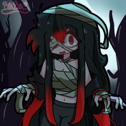 1girl bandage_over_one_eye bandaged_hand bandaged_head bandages black_hair black_pants black_sleeves bonbon_(bonzomcbonbon) breasts chest_sarashi cleavage dark dead_tree detached_sleeves gradient_background long_hair looking_at_viewer midriff navel open_mouth original outdoors outstretched_arms pants red_eyes red_hair sarashi sidelocks signature solo soy_(bonzomcbonbon) tree zombie_pose