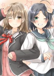 ahoge aqua_neckerchief arm_up ayachanman black_jacket blonde_hair blush cardigan closed_mouth collared_shirt green_sailor_collar green_serafuku grin hair_ornament hand_on_own_forehead hikigaya_komachi isshiki_iroha jacket locked_arms medium_hair neck_ribbon neckerchief one_eye_closed parted_bangs pink_cardigan red_ribbon ribbon sailor_collar sailor_shirt school_uniform serafuku shirt short_hair smile sobu_high_school_uniform star_(symbol) white_shirt winter_uniform x_hair_ornament yahari_ore_no_seishun_lovecome_wa_machigatteiru. yellow_eyes