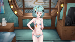 Rule 34 | 1girl, alceid, bandaid, bandaid on face, bed, bed sheet, belly, blush, bow, bra, breasts, commission, hair bow, hair ornament, hair ribbon, hairclip, highres, inami yoki, indie virtual youtuber, indoors, knee up, knees up, looking at viewer, navel, open mouth, panties, ribbon, short hair, skull, small breasts, smile, solo, standing, striped bra, striped clothes, striped panties, thick eyebrows, underwear, underwear only, virtual youtuber