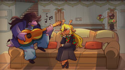 2girls 2others antlers blonde_hair blush colored_teeth couch deer_girl deltarune guitar heart highres holding holding_guitar holding_instrument hooves horns instrument kris_(deltarune) multiple_girls multiple_others music noelle_holiday playing_instrument reptile_girl sharp_teeth skirt smile soul_(deltarune) stephsartlab susie_(deltarune) teeth yellow_teeth yuri