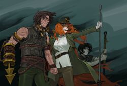 Rule 34 | 0dvmvb0, 1girl, 2boys, absurdres, belt, belt around waist, black belt, black hair, braid, brown hair, brown vest, coat, collared shirt, cowboy shot, dark, full-body tattoo, green coat, green pants, hat, heathcliff (project moon), highres, holding, holding weapon, ishmael (project moon), limbus company, long hair, multiple boys, open clothes, open coat, orange hair, pants, peaked cap, pequod (identity) (project moon), pipe in mouth, pocket, project moon, rope, rope around waist, shirt, short hair, side braids, smoking pipe, tattoo, very long hair, vest, weapon, white shirt, yellow eyes, yi sang (project moon), zipper
