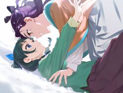 Rule 34 | 2girls, ai-assisted, blue eyes, chinese clothes, green hair, highres, hug, jewelry, kusuriya no hitorigoto, maomao (kusuriya no hitorigoto), multiple girls, open mouth, purple hair, shisui (kusuriya no hitorigoto), simple background, skirt, smile, sorawo5084, white skirt, yellow eyes, yuri