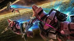 absurdres army beam_rifle cable energy_gun fake_screenshot galbaldy_beta glowing glowing_eye gundam gundam_battle_operation_2 highres lens_flare machinery mecha mecha_focus mobile_suit no_humans o&#039;neill_cylinder official_art one-eyed painting_(medium) realistic robot scan science_fiction shield space_habitat sunrise_(company) tenjin_hidetaka thrusters titans_(gundam) traditional_media weapon zeta_gundam