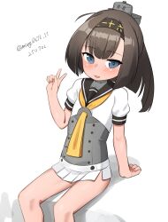 Rule 34 | 1girl, absurdres, aged down, ahoge, akizuki (kancolle), black hair, black headband, black sailor collar, clothes writing, corset, dated, feet out of frame, flat chest, grey eyes, hair ornament, headband, highres, kantai collection, long hair, looking at viewer, maru (marg0613), neckerchief, one-hour drawing challenge, open mouth, orange neckerchief, ponytail, propeller hair ornament, puffy short sleeves, puffy sleeves, sailor collar, school uniform, serafuku, short sleeves, simple background, sitting, skirt, solo, twitter username, white background, white skirt