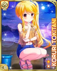 Rule 34 | 1girl, barefoot sandals, beach, blonde hair, bluek ribbon, card (medium), character name, closed mouth, denim, denim shorts, earrings, full moon, girlfriend (kari), hand under chin, jewelry, long hair, looking at viewer, moon, night, night sky, ocean, official art, outdoors, qp:flapper, ribbon, shirt, shorts, sky, solo, tagme, thinking, tokitani koruri, twintails, yellow eyes, yellow shirt