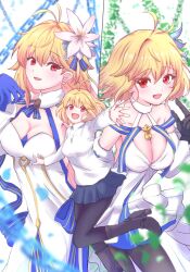 3girls ahoge archetype_earth archetype_earth_(third_ascension) arcueid_brunestud arcueid_brunestud_(mooncancer) bare_shoulders black_gloves black_pantyhose blonde_hair blue_gloves blue_ribbon blush boots breasts chain cleavage dress dual_persona fate/grand_order fate_(series) giorgio_(yo_sumire_sola1) gloves gold_trim hair_ornament jewelry large_breasts long_hair multiple_girls necklace pantyhose plant reaching reaching_towards_viewer ribbon short_hair sweater tsukihime tsukihime_(remake) turtleneck turtleneck_sweater very_long_hair vines white_dress