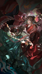 Rule 34 | 1boy, 1girl, 1other, absurdres, anyeyisheng, bandaged arm, bandages, black hair, black hanfu, black nails, bone, brown hair, chinese clothes, chinese commentary, cloak, coat, coin, coin mask, colored smoke, dao gui yi xian, double bun, dress, embers, extra arms, faceless, facing another, fingernails, fire, floating, floating clothes, floating hair, giant, giant monster, green dress, green hanfu, hair bun, hair ornament, hair stick, half updo, hand on another&#039;s face, hanfu, highres, holed coin, hood, hood up, hooded cloak, li huowang, li sui (princess anping), long hair, long sleeves, looking at another, mask, monster, monster girl, mouth veil, nail polish, parted lips, qixiong ruqun, red cloak, red coat, red eyes, red shawl, robe, sharp fingernails, shawl, single hair bun, smile, smoke, spine, spine sword, sword, sword on back, tentacles, veil, weapon, weapon on back, wide-eyed, wide sleeves, xuan pin