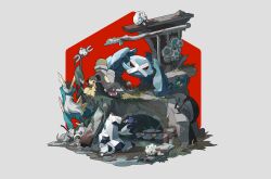 absurdres aron black_sclera bronzor claws cobalion colored_sclera commentary duraludon ferrothorn gen_1_pokemon gen_3_pokemon gen_4_pokemon gen_5_pokemon gen_7_pokemon gen_8_pokemon grass highres industrial_pipe klinklang lanjiujiu legendary_pokemon magnemite mawile meltan metagross mythical_pokemon nintendo pokemon pokemon_(creature) pokemon_focus red_eyes rock rookidee ruins sitting standing togedemaru