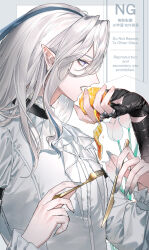 2boys ascot bandaged_arm bandages black_gloves blue_hair blue_nails border commentary eyelashes fangs fingerless_gloves fingernails flower flower_request food fork frilled_shirt_collar frilled_sleeves frills fruit genshin_impact gloves grey_border hair_between_eyes hands_up highres hiiro_(coinxtossxdive) holding holding_food holding_fork holding_fruit holding_knife knife long_fingernails long_hair long_sleeves looking_at_another male_focus multicolored_hair multiple_boys nail_polish neuvillette_(genshin_impact) open_mouth orange_(fruit) outside_border pointy_ears profile purple_eyes saliva sharp_fingernails shirt solo_focus streaked_hair symbol-only_commentary upper_body watermark white_ascot white_background white_hair white_shirt wriothesley_(genshin_impact)