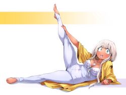 1girl barefoot blush bodysuit breasts cleavage commentary_request danganronpa_(series) danganronpa_v3:_killing_harmony dark-skinned_female dark_skin full_body ganguro green_eyes grey_hair gyaru jacket jewelry leg_up long_hair looking_at_viewer medium_breasts necklace open_mouth shell shell_necklace shimizu_pem solo white_background white_bodysuit yellow_jacket yonaga_angie