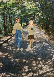 2girls bag blue_pants brown_eyes brown_shorts closed_eyes collared_shirt commentary dappled_sunlight day denim facing_viewer full_body highres jeans long_hair long_sleeves looking_at_another marker_(medium) medium_hair multiple_girls original outdoors pants parted_bangs road shiratama_(hockey) shirt shoes short_sleeves shorts sneakers striped_clothes striped_shirt striped_shorts sunlight t-shirt tote_bag traditional_media tree walking white_shirt white_shoes