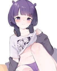 Rule 34 | 1girl, bed, blue eyes, blunt bangs, blush, bob cut, breasts, clothes lift, commentary, grey hood, grey jacket, headphones, headphones around neck, highres, hololive, hololive english, hood, hooded jacket, hoodie, jacket, knee up, legs, lifting own clothes, looking at viewer, mole, mole under eye, namiorii, navel, ninomae ina&#039;nis, ninomae ina&#039;nis (loungewear), official alternate costume, official alternate hair length, official alternate hairstyle, on bed, open car hood, panties, pillow, pointy ears, print shirt, purple hair, purple hood, purple hoodie, purple panties, rabbit ears antenna, shirt, shirt lift, short hair, short sleeves, sitting, small breasts, smile, solo, symbol-only commentary, t-shirt, takodachi (ninomae ina&#039;nis), tentacle hair, thighs, underwear, virtual youtuber, white shirt
