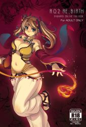 1girl belly blonde_hair blue_eyes breasts cleavage collar dancer dancer_(ragnarok_online) female_focus fire flaming_weapon funamushi_(funa) gypsy_(ragnarok_online) hair_ornament harem_pants highres jewelry kumacchi large_breasts long_hair lots_of_jewelry mil_(xration) navel pants ragnarok_online sandals see-through_clothes solo twintails weapon